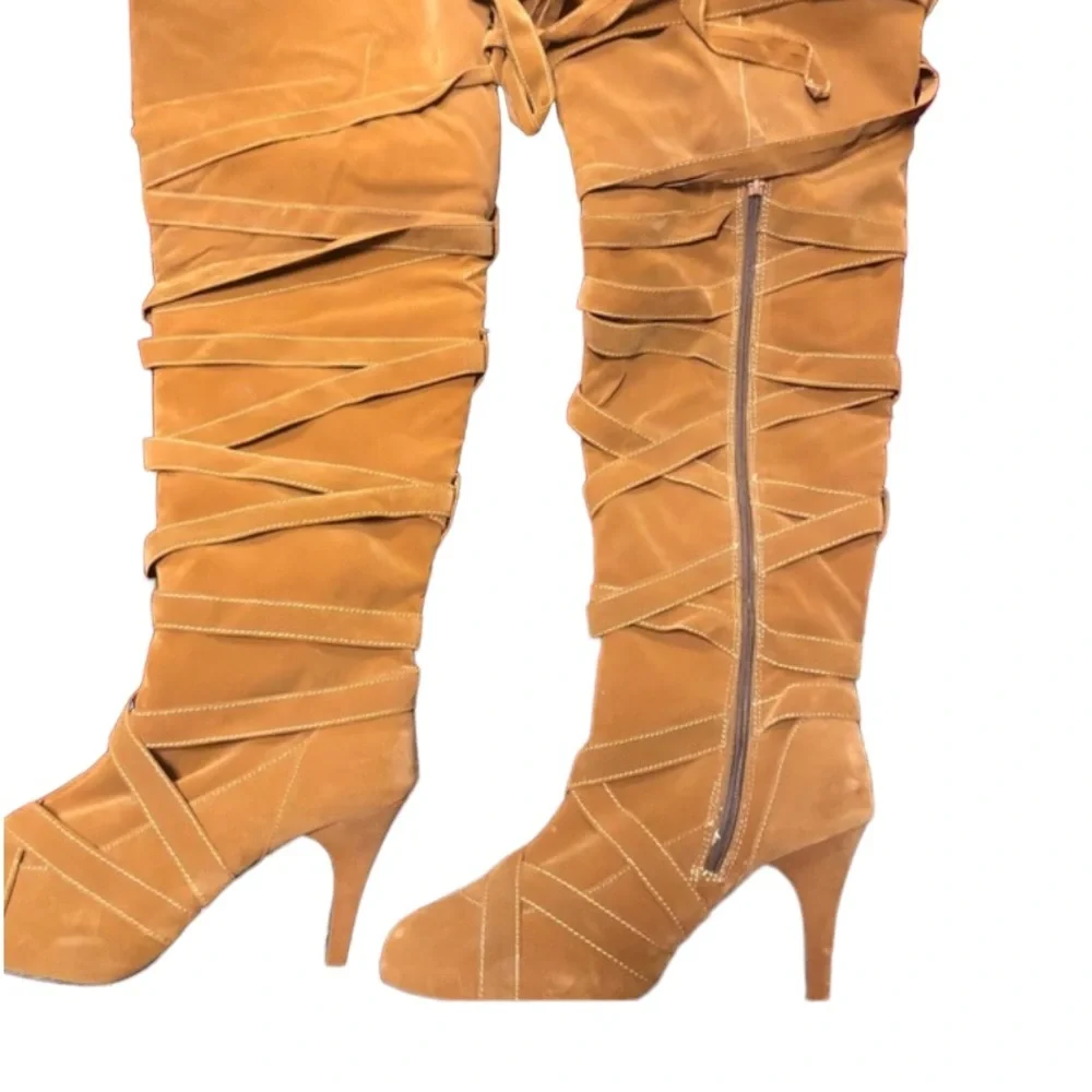 Max & Co size 10 Cognac over the knee faux suede strappy boot side zip